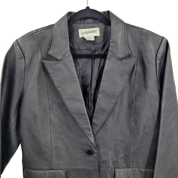 Vintage 80s Bagatelle Leather Blazer Coat Jacket 12 Black Single Breasted Glam - Picture 4 of 12